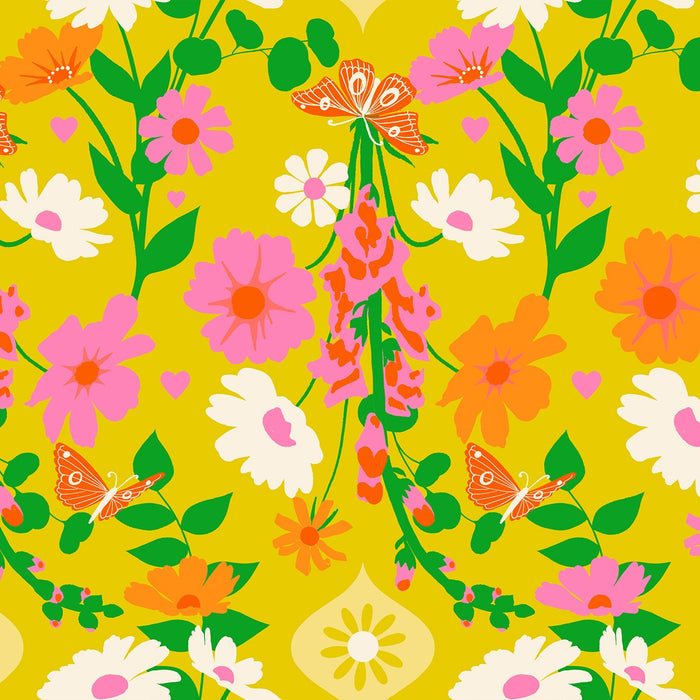Colorful floral pattern with butterflies on a yellow background