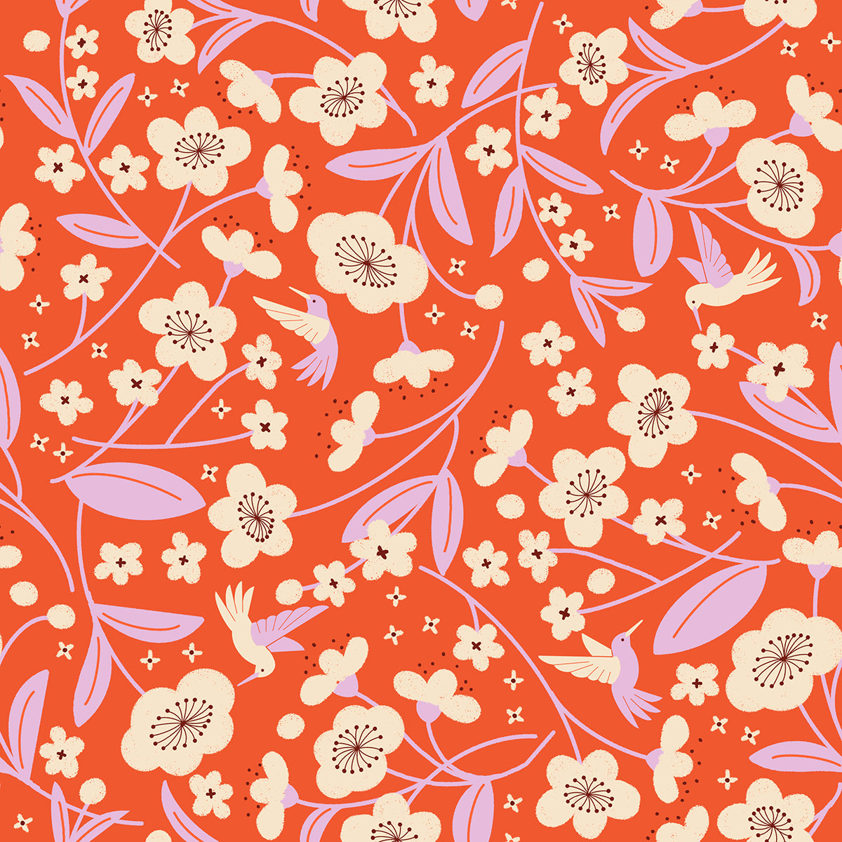 Floral pattern with flowers and birds on a red background