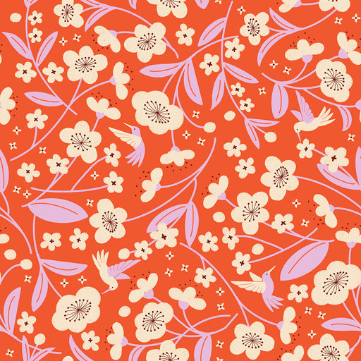 Floral pattern with flowers and birds on a red background