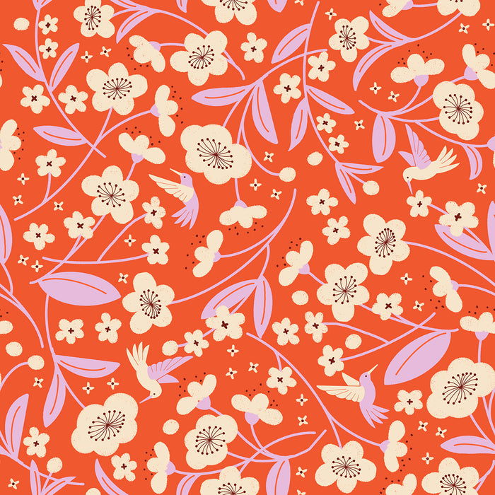 Floral pattern with flowers and birds on a red background