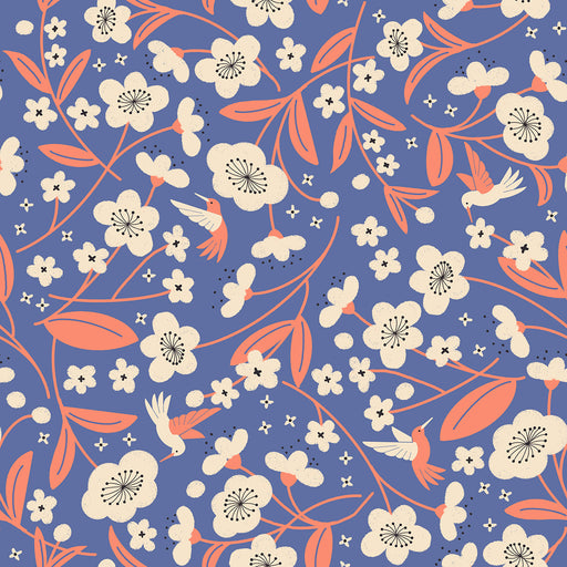 Floral pattern with white flowers and orange leaves on a blue background
