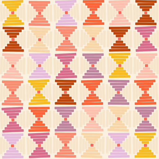 Pattern of colorful hourglass shapes on a beige background