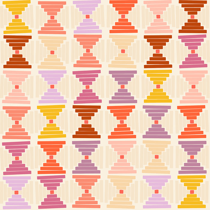 Pattern of colorful hourglass shapes on a beige background