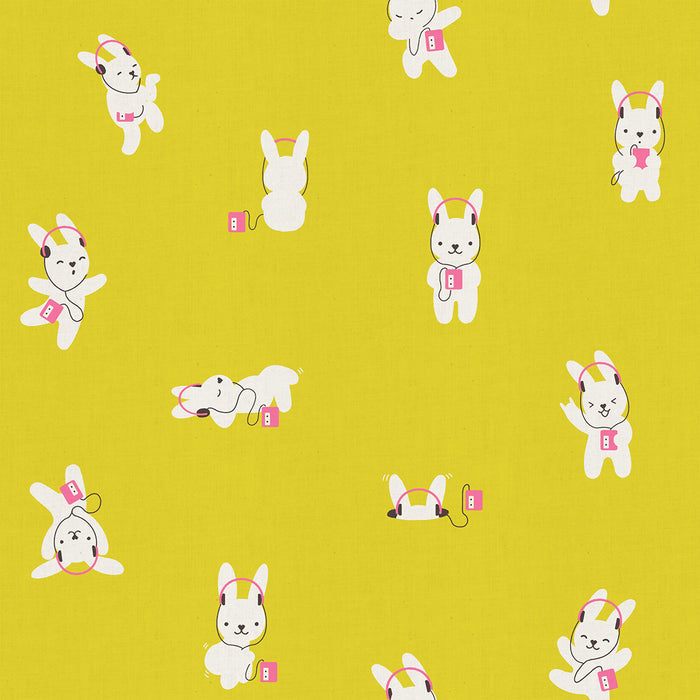 Pattern of cartoon bunnies with headphones on a yellow background