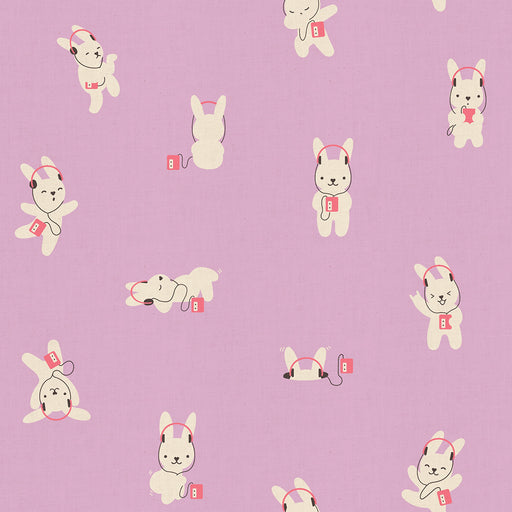 Pattern of cartoon bunnies with headphones on a purple background