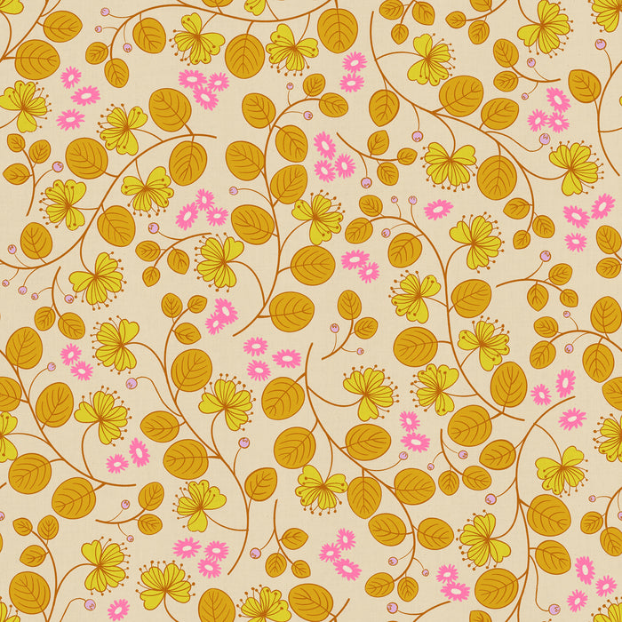 Floral pattern with yellow and pink flowers on a beige background