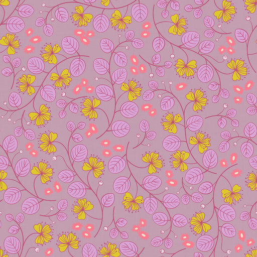 Floral pattern with yellow and pink flowers on a purple background