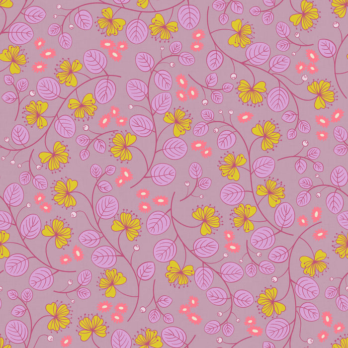 Floral pattern with yellow and pink flowers on a purple background