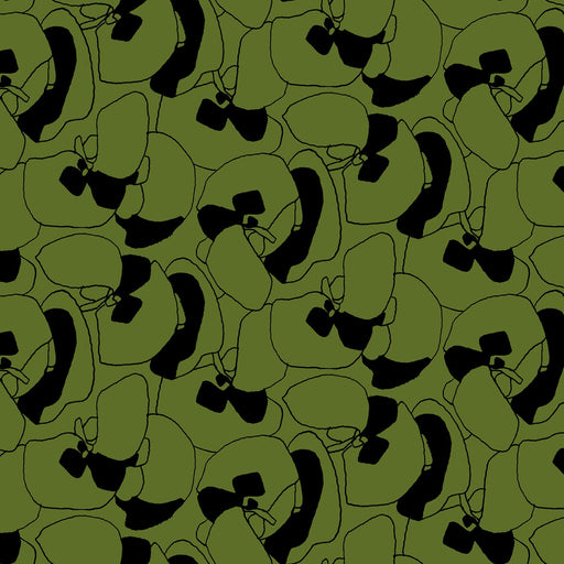 Pattern of black shapes on an olive green background