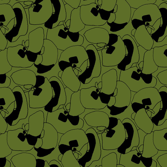 Pattern of black shapes on an olive green background