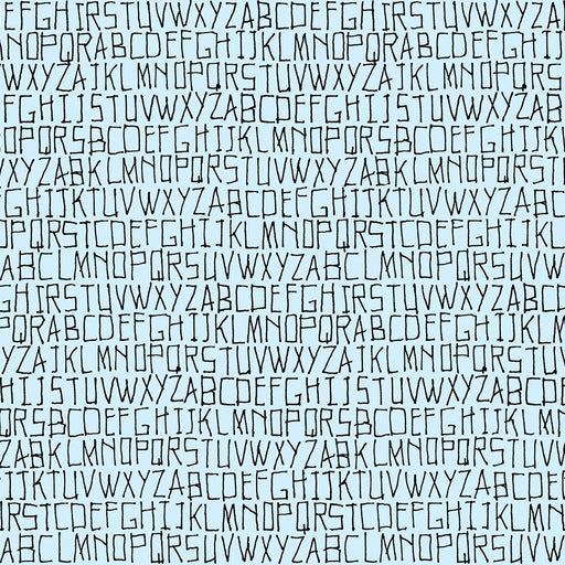 Close up of fabric with a pattern of the Alphabet in Ethereal pale blue