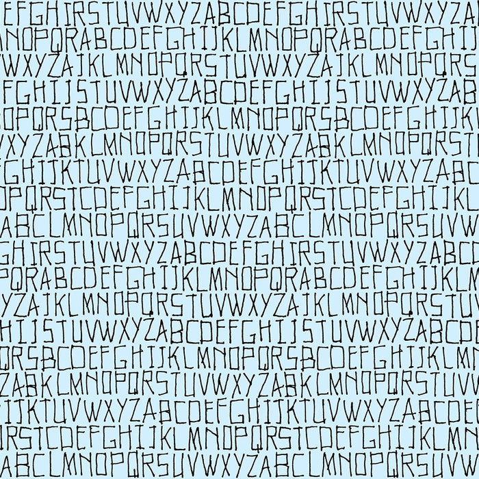 Close up of fabric with a pattern of the Alphabet in Ethereal pale blue