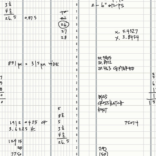 Fabric with a close up of handwritten calculations on a ledger grid 