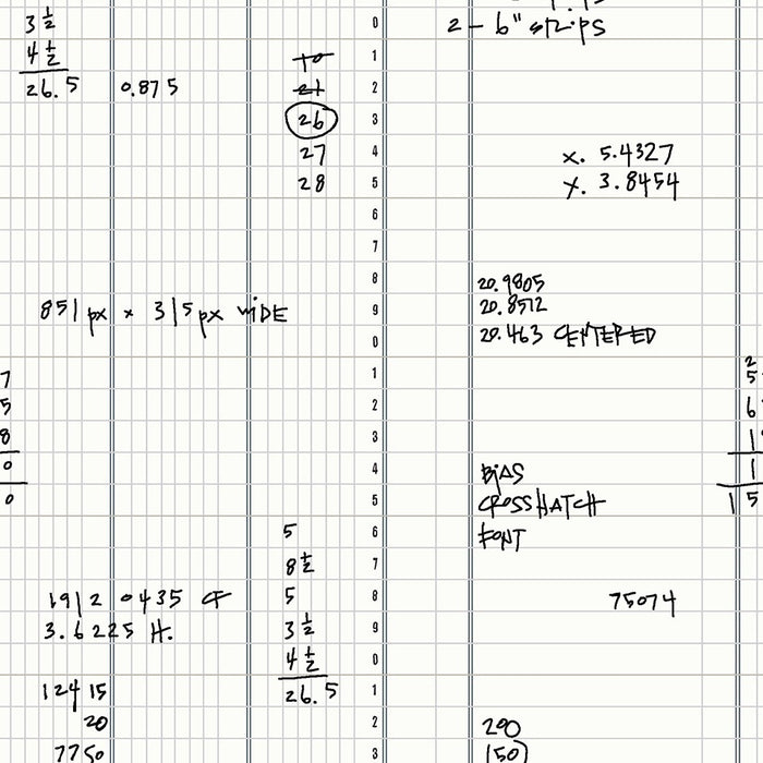 Fabric with a close up of handwritten calculations on a ledger grid 
