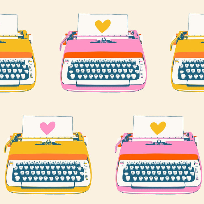 Pattern of colorful typewriters with hearts on a beige background
