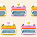 Pattern of colorful typewriters with hearts on a beige background