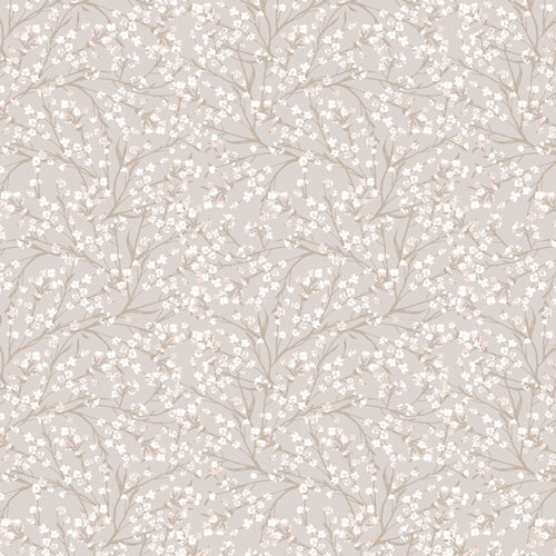 Patterned fabric with delicate floral design on a light gray background