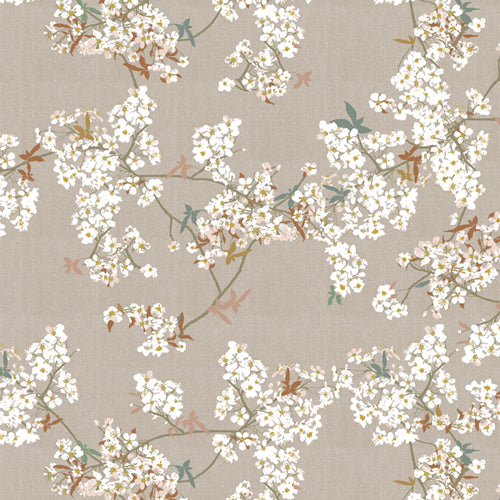 Floral pattern with white flowers and green leaves on a beige background