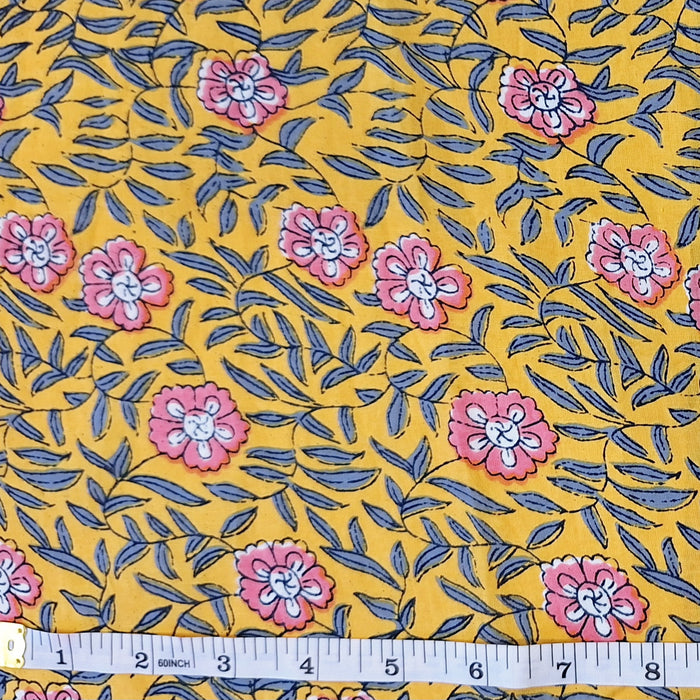 Indian Cotton 2025 - Jaipur Screen Printed Cotton Cambric - Trailing Pink Flowers on Yellow