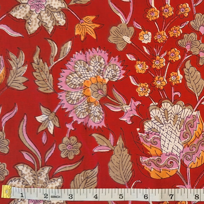 Indian Cotton 2025 - Jaipur Screen Printed Cotton Cambric - Pink and Orange flowers on Red