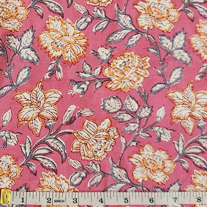 Indian Cotton 2025 - Jaipur Screen Printed Cotton Cambric - Yellow flowers on Pink