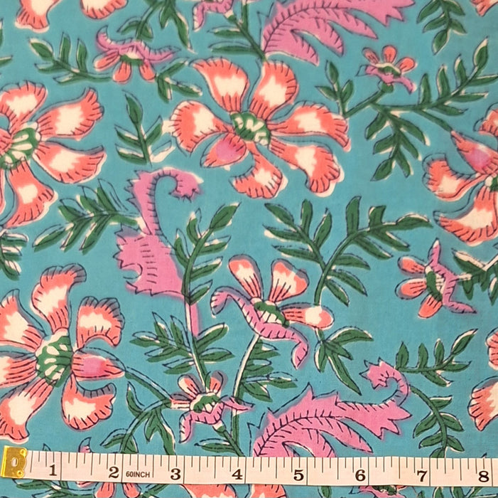 Indian Cotton 2025 - Jaipur Screen Printed Cotton Cambric - Pink flowers on Turquoise