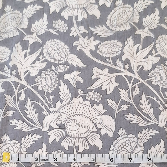 Indian Cotton 2025 - Jaipur Screen Printed Cotton Cambric - White trailing flowers on Grey