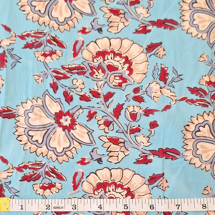 Indian Cotton 2025 - Jaipur Screen Printed Cotton Cambric - White and Red flowers on Sky Blue