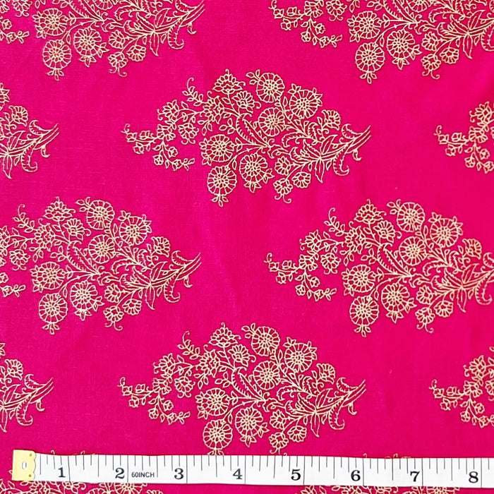 Indian Cotton 2025 - Jaipur Screen Printed Cotton Cambric - Metallic Gold bouquet on cranberry