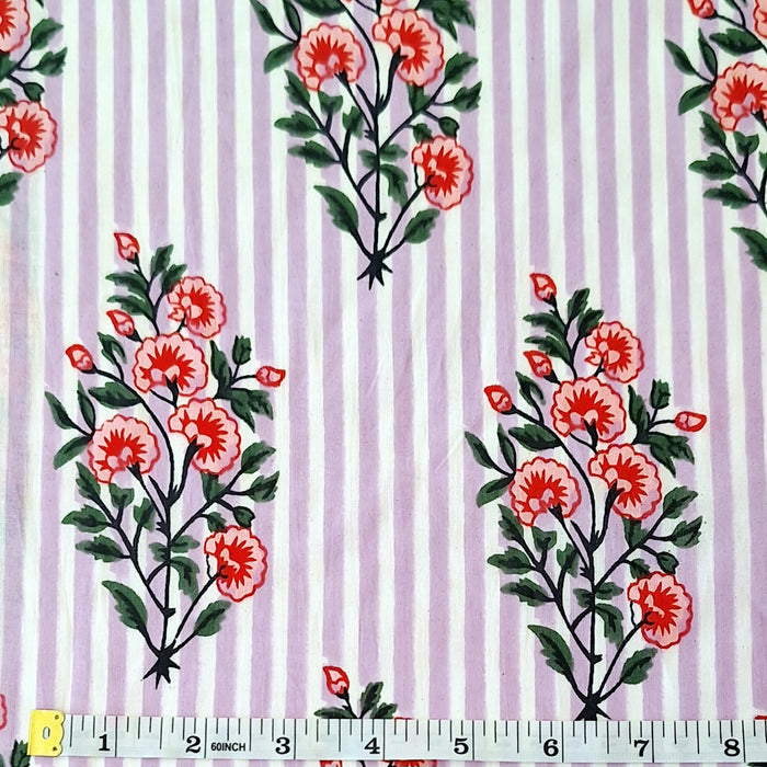 Indian Cotton 2025 - Jaipur Screen Printed Cotton Cambric - Pink bouquet on Lilac Stripe