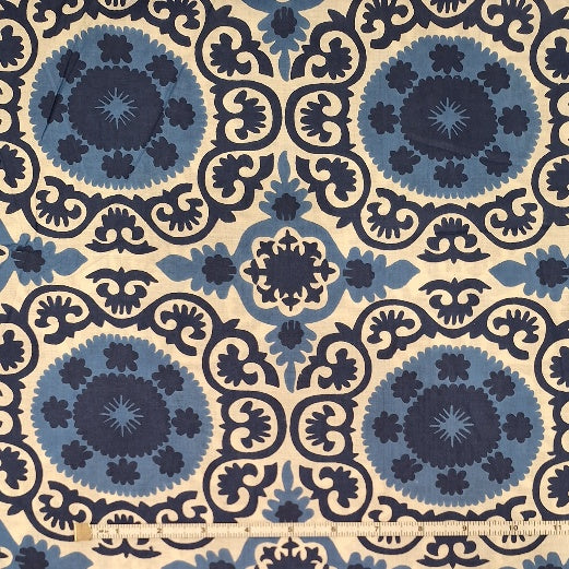 Indian Cotton 2025 - Jaipur Screen Printed Cotton Cambric - Afghanistan embroidery motif Blue and Navy