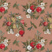 Pattern of pomegranates, leaves, and flowers on a brown background