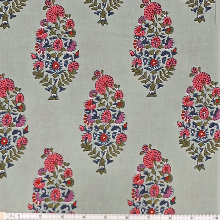 Indian Cotton 2025 - Jaipur Screen Printed Cotton Cambric- Pink Bouquet on Sage Green