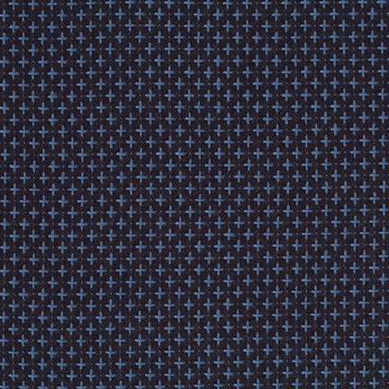 blue crosses woven through navy cotton fabric