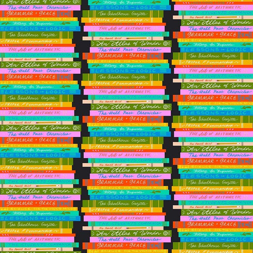 closeup image of fabric with large stacks of illustrated book spines in multiple colours on a black background