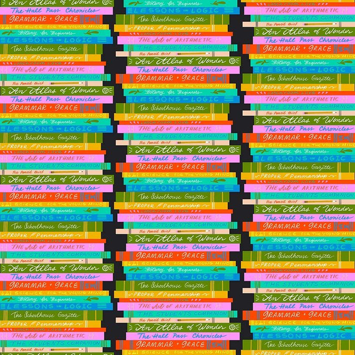 closeup image of fabric with large stacks of illustrated book spines in multiple colours on a black background