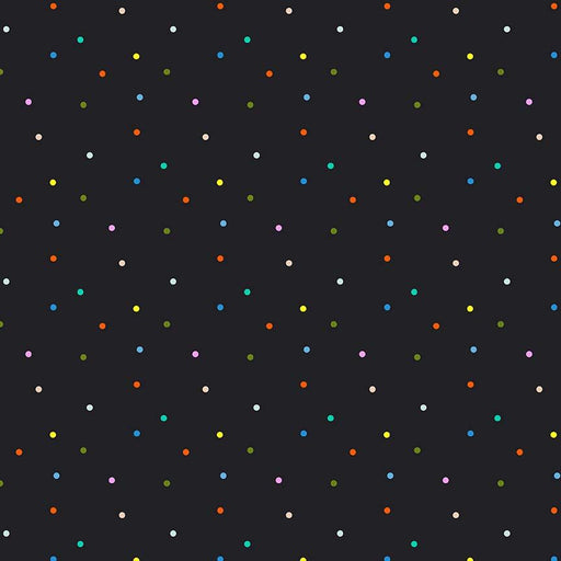 Multicolored polka dots on a black background