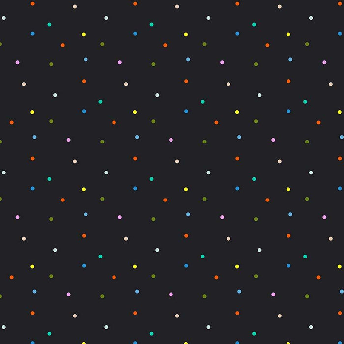 Multicolored polka dots on a black background
