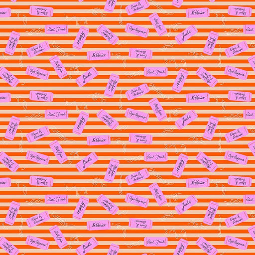 close up of red and white striped fabric with pink erasers randomly scattered on top.