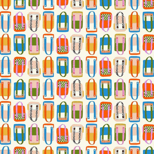close up image of fabric with multiple illustrated backpacks on a cream background