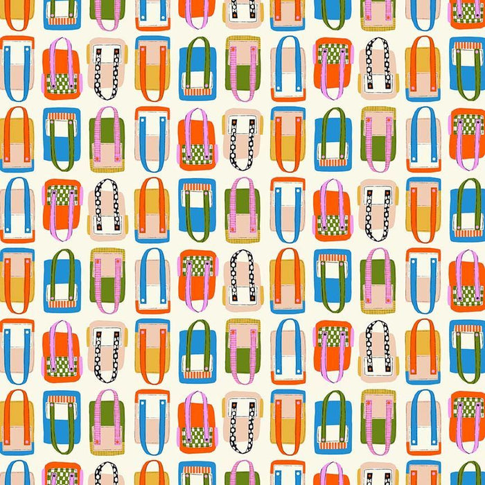 close up image of fabric with multiple illustrated backpacks on a cream background