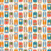close up image of fabric with multiple illustrated backpacks on a cream background