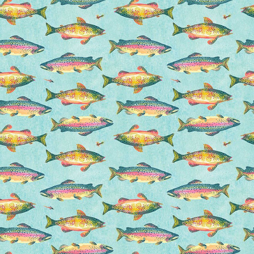 Pattern of colorful fish on a blue background