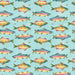 Pattern of colorful fish on a blue background