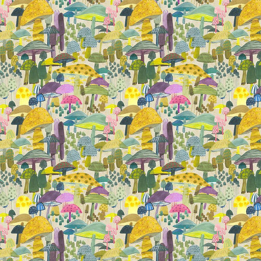 Colorful pattern of mushrooms and trees on a beige background