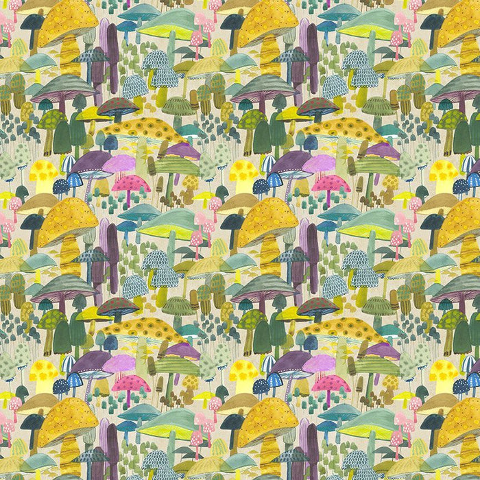 Colorful pattern of mushrooms and trees on a beige background