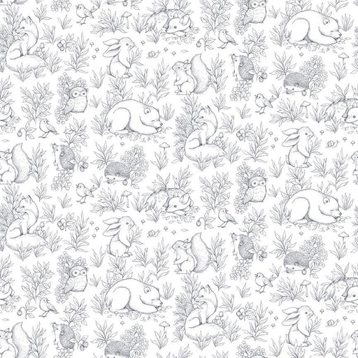 Pattern of grey and white forest animals and plants on a white background