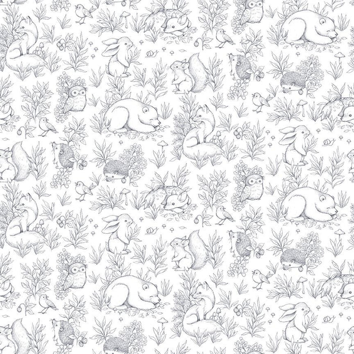 Pattern of grey and white forest animals and plants on a white background