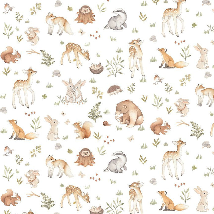fabric close up of forest animals on an ivory background