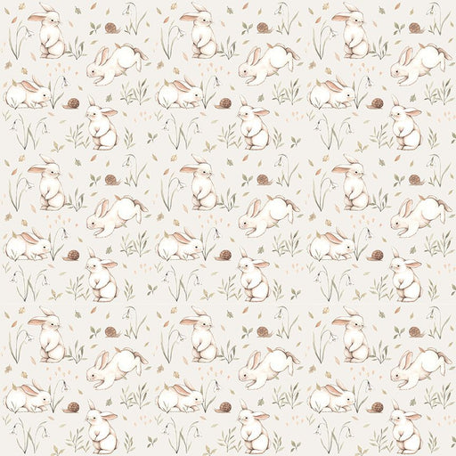 close up of fabric featuring little white and pink bunnies hopping around on a beige background